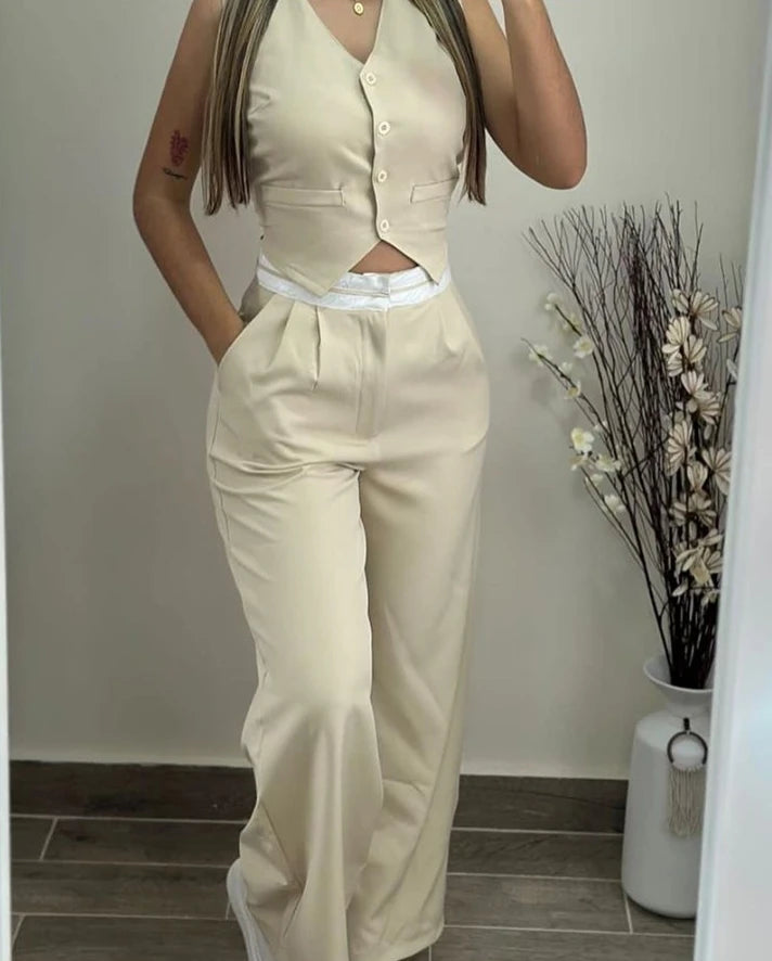 Co-Ord Set V-Neck Twist Button Vest Top + Trouser