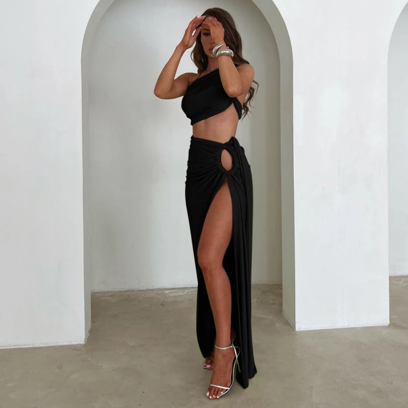 Co-Ord Set Oblique Shoulder Sleeveless Top + High Waist Leg Split Wrapped Maxi Skirt