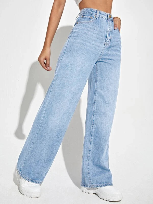 Straight Wide Leg High Waist Light Wash Denim Jeans