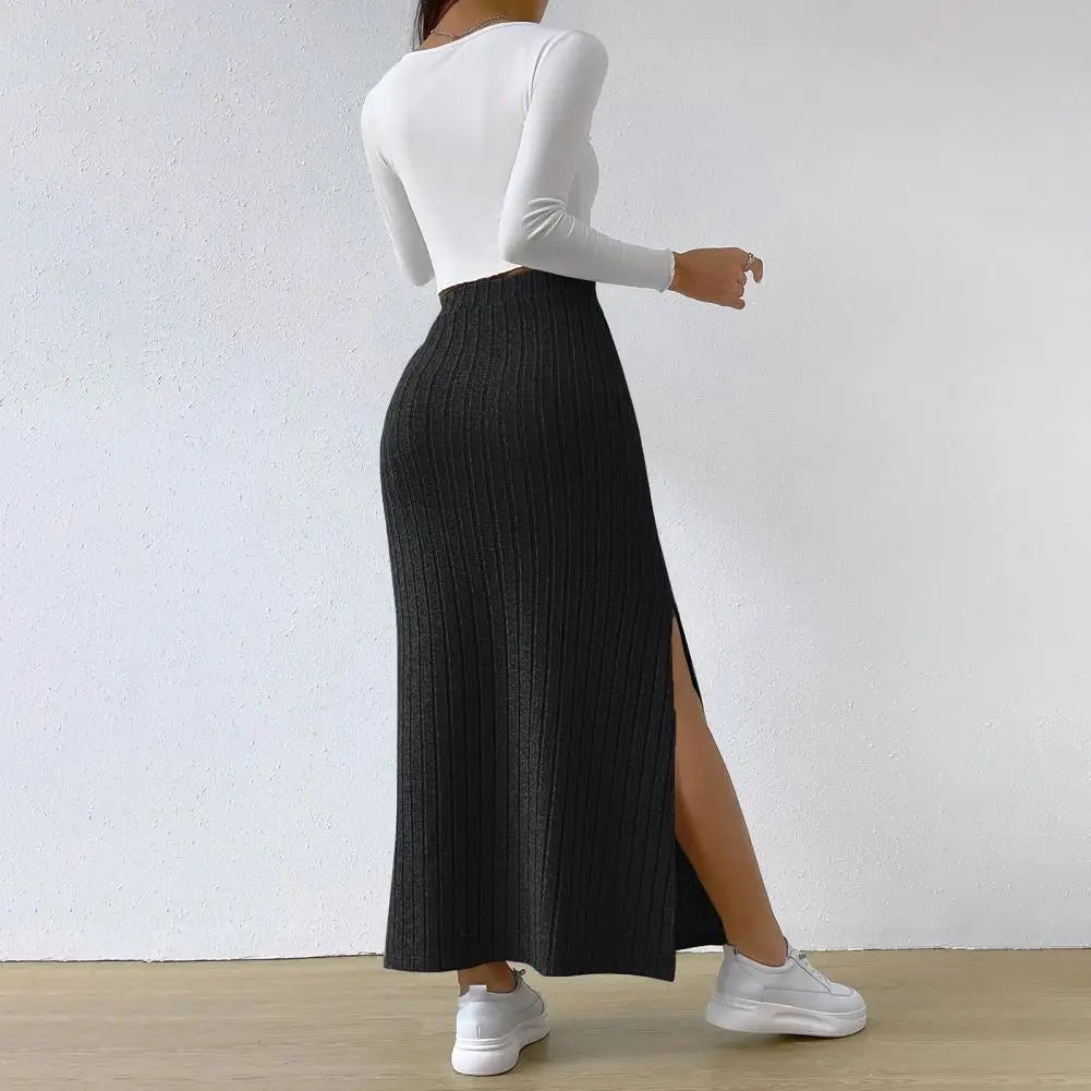 Ribbed High Waist Side Split Maxi Skirt