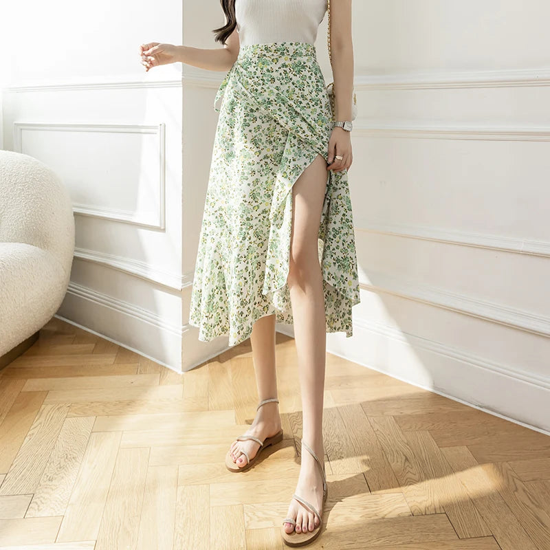 Flower Print High Waist Slit Midi Skirt