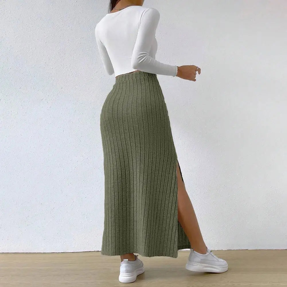 Ribbed High Waist Side Split Maxi Skirt