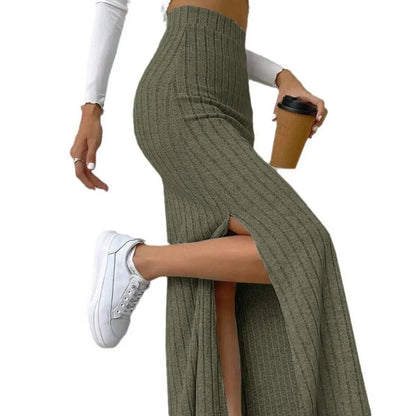 Ribbed High Waist Side Split Maxi Skirt